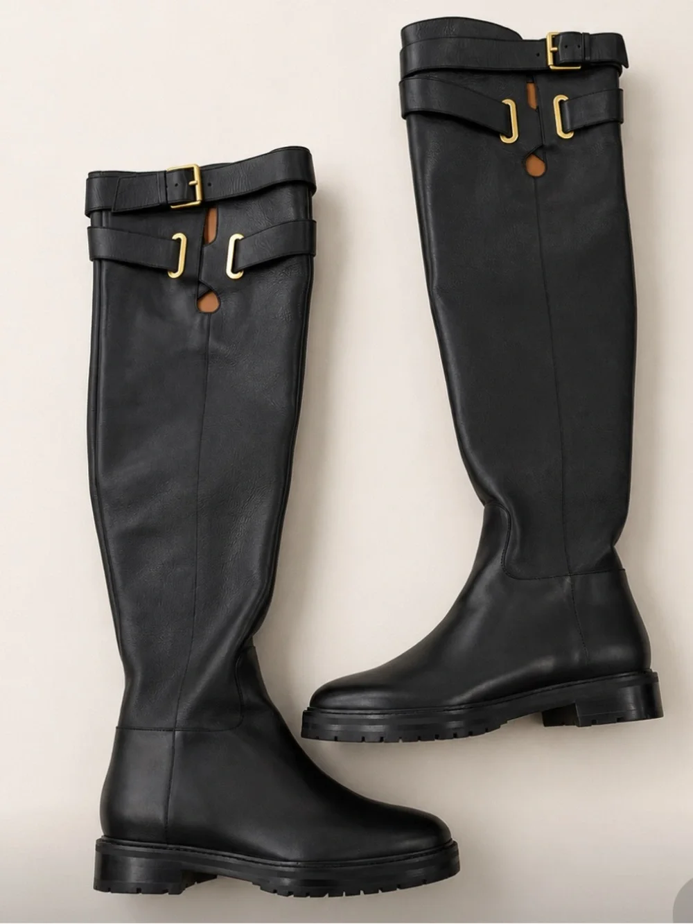 NIB Valentino Garavani Black Buckled Over-the-Knee Leather Boots 39 (US 9) Black